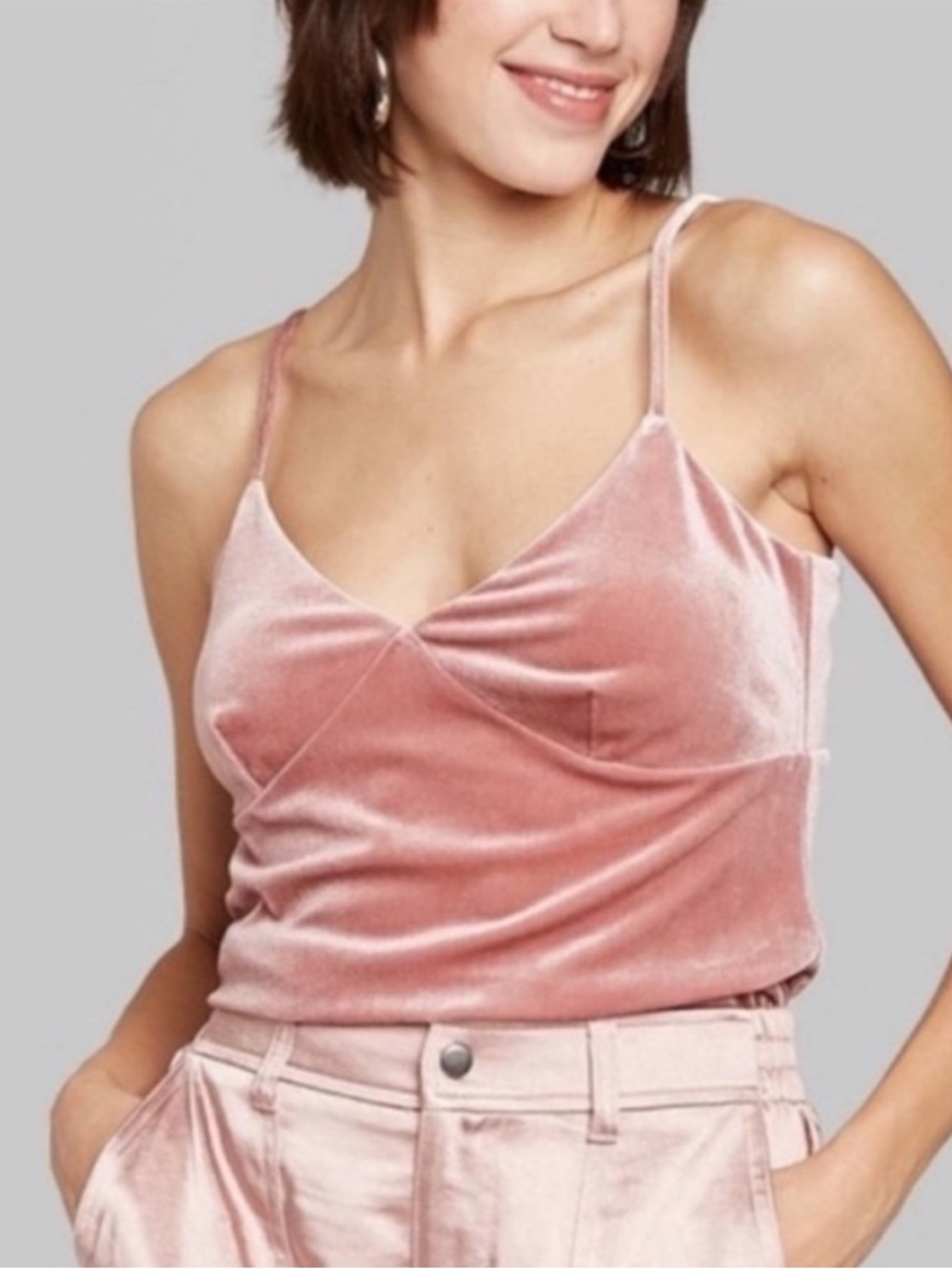 Wild Fable Velvet V Neck Spaghetti Strap Crop Cami Top - Pink